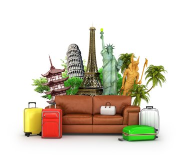 Seyahat kavramı. Deri kanepe, bavul ve dünyaca ünlü attracti