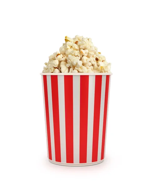 Popcorn in striped bucket on white background — Stock Photo, Image