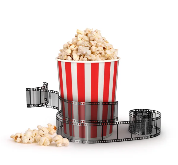 Krabice popcornu s pruhem 35mm filmu na bílém pozadí, — Stock fotografie