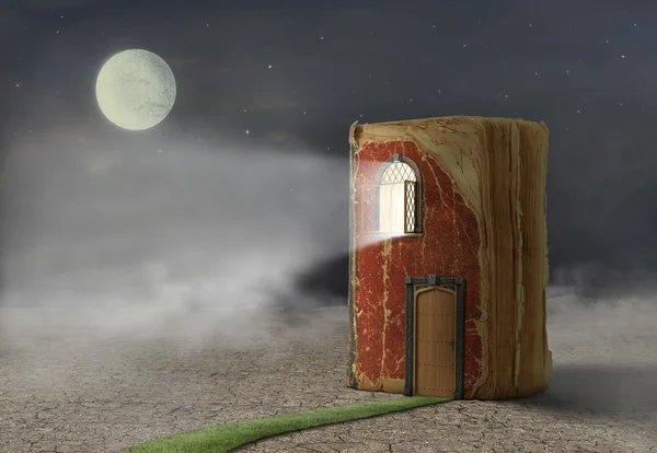 Konsep dari membaca. Konsep Pembacaan. Buku sihir dengan pintu — Stok Foto