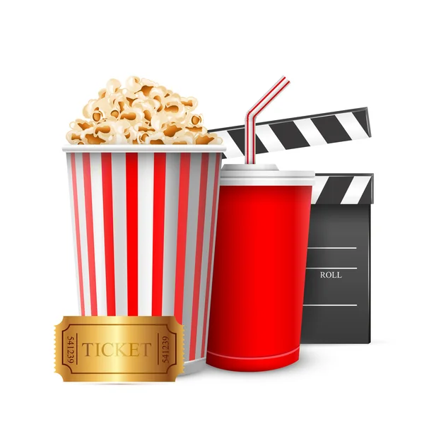 Cinema clapper film reel drink popcorn and tickets. Isolated white background. — Stock Vector