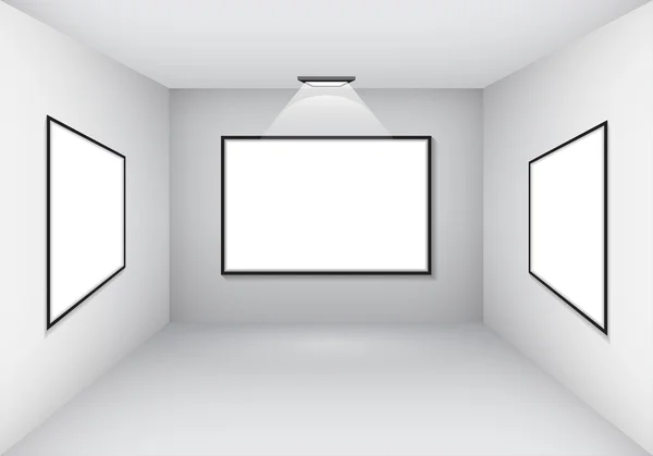 Interior galeri dengan bingkai kosong pada dinding dan lampu - Stok Vektor