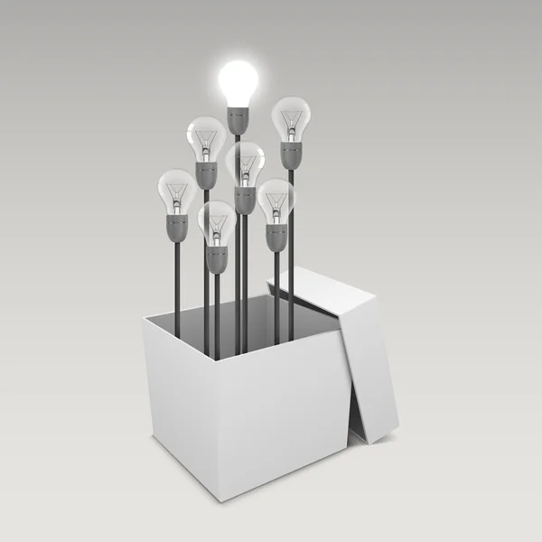 Caixa de papelão com lâmpada acesa. Ilustração vetorial — Vetor de Stock