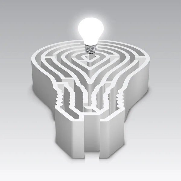 Labirinto a forma di lampadina con una lampadina splendente — Vettoriale Stock
