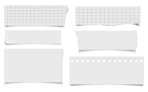 Ensemble de feuilles de papier pour ordinateur portable avec ombre isolée sur fond blanc. Carrée et lignée carnet page avec des bords déchiquetés. Des morceaux de papier déchirés. Illustration vectorielle réaliste de pièces en papier . — Image vectorielle