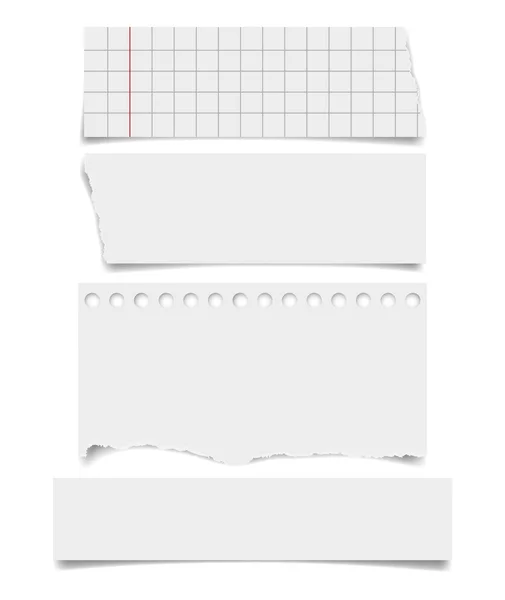 흰색 배경에 고립 된 그림자와 편지지 시트의 집합입니다. 제곱 하 고 줄지어 노트북 페이지 윗 비정형된 가장자리. 비정형된 종이 조각에 찢 겼 다. 종이 조각의 사실적인 벡터 일러스트 레이 션. — 스톡 벡터