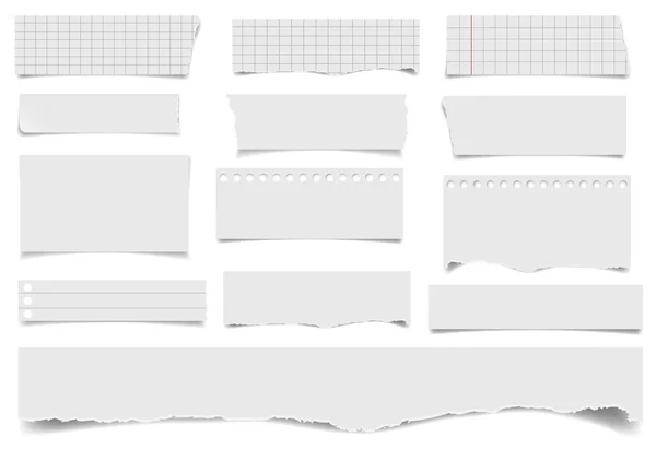 一套信纸床单和孤立的白色背景上的影子。平方和内衬的笔记本页机智参差不齐的边。破衣衫褴褛的纸屑。现实的矢量图的纸屑. — 图库矢量图片