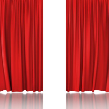 Beyaz bir arka plan üzerinde izole kırmızı sahne perdesi
