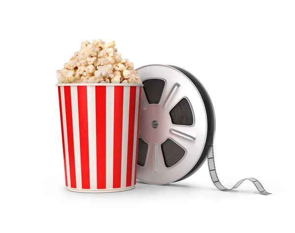 Il film bobina e popcorn. Illustrazione 3d — Foto Stock