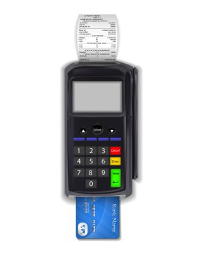 POS terminal içinde düz stil. POS ödeme. Resimde pos makinesi ya da kredi kartı terminal. Kavramı Nakitsiz ödeme ve kredi kartı ile ödeme.