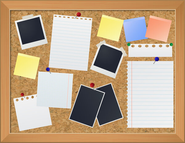 Bulletin board with photos and paper notes, vector eps10 illustr