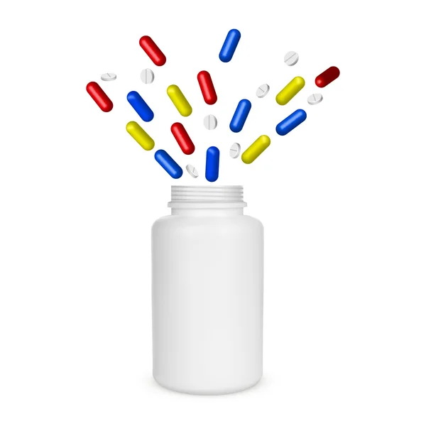 Pil fles pillen op oppervlak geïsoleerd op een witte achtergrond morsen. — Stockvector