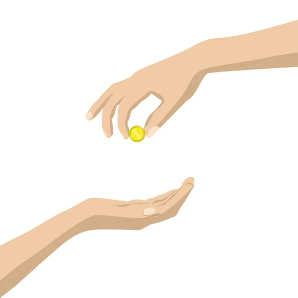 Hand met gouden munt terwijl handen proberen om het te bereiken. — Stockvector