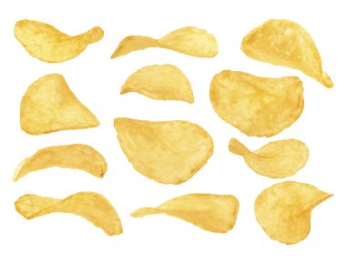 İzole edilmiş beyaz bir zemine yakın plan patates cipsi.