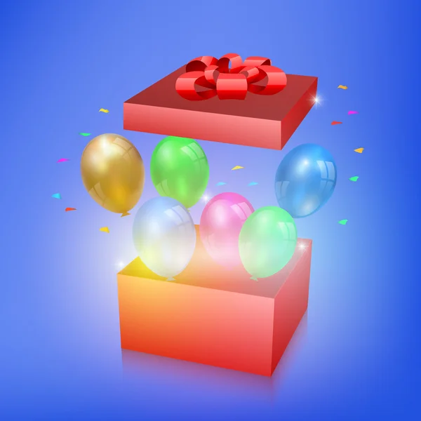 Caixa de presente aberta com balões e luz mágica — Vetor de Stock