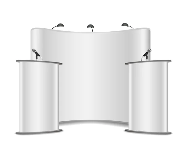 Stand podio bianco vettoriale Tribune Rostrum con microfoni isolati sullo sfondo — Vettoriale Stock
