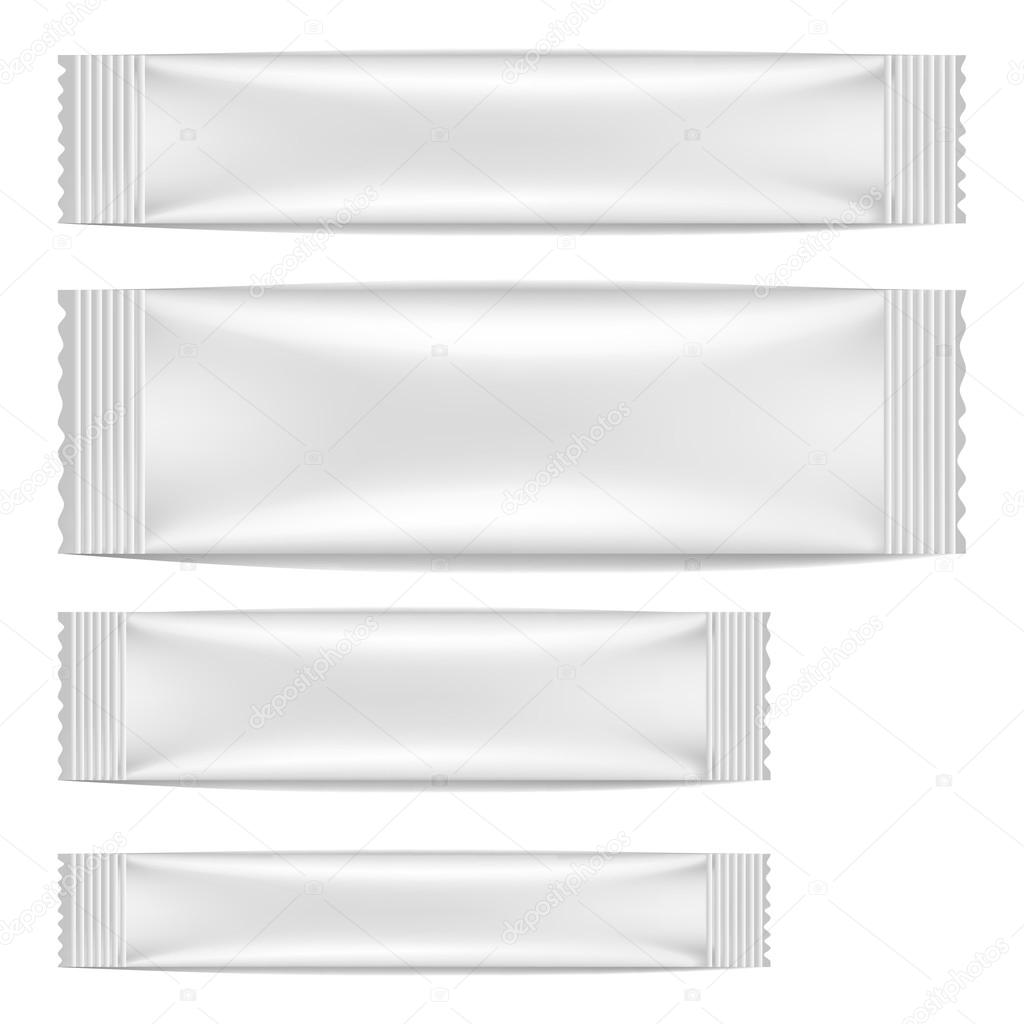 White Blank Foil Packaging Sachet Coffee, Salt, Sugar, Pepper Or Spices Stick Plastic Pack Ready For Your Design. Snack Product Packing Vector EPS10
