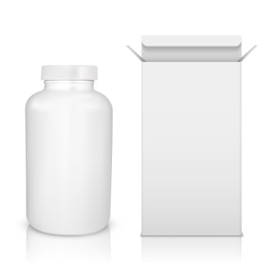 Beyaz arka plan üzerinde ilaç şişesi. Beyaz plastik şişe, cardb