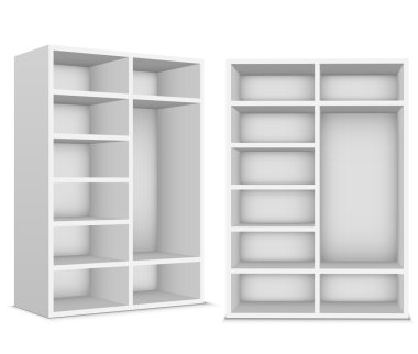 beyaz zemin üzerinde boş rafları ile dolap