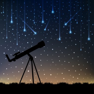 Yıldızlar arka plan altında çimlerin üzerine teleskop