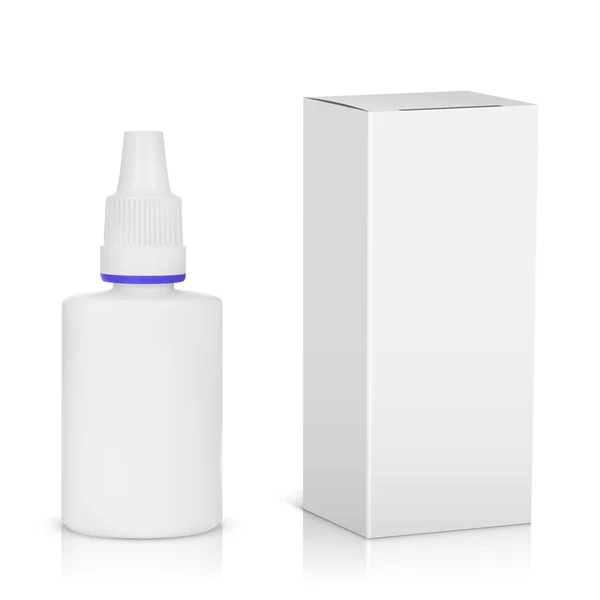 Botella pulverizadora médica con paquete de papel aislado sobre fondo blanco — Vector de stock