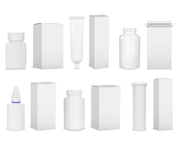Set vuoto di bottiglie di imballaggio in plastica con scatola per pillole — Vettoriale Stock