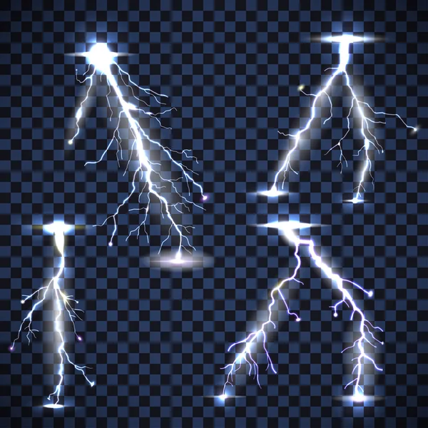 Vector realistic lightnings thunderbolt on transparent backgroun — Stock Vector