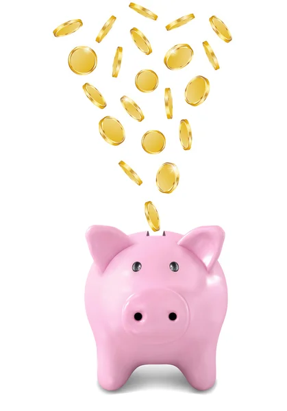 Banco piggy rosa com moedas que caem na fenda isolada no branco — Vetor de Stock