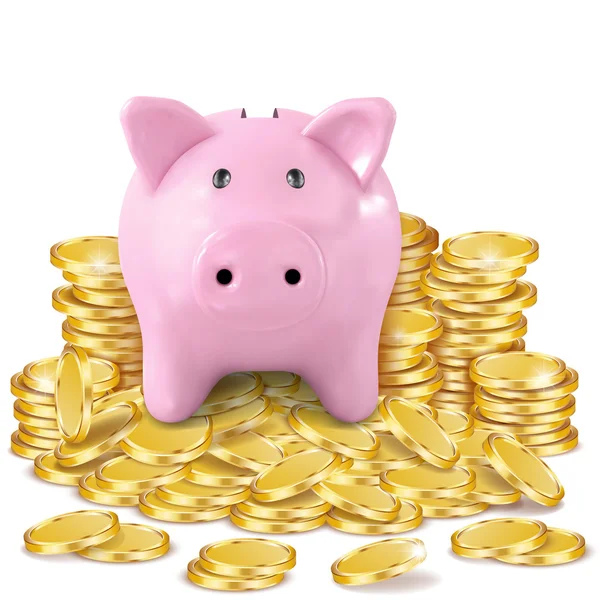 Ein Sparschwein auf einem Haufen von Münzen isoliert auf weiß — Stockvektor