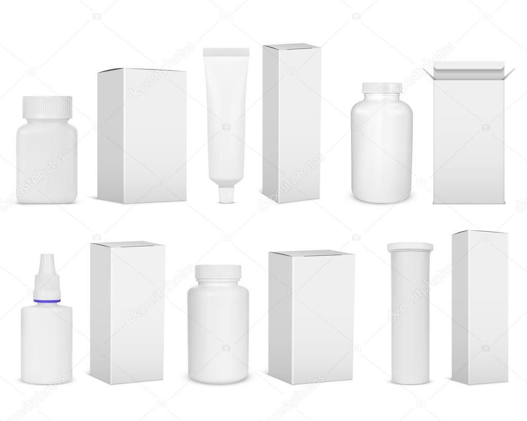 Blank set of plastic packaging bottles with box for pills
