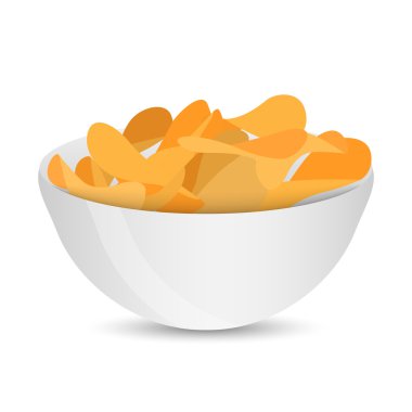 Altın cripsy cips ile vektör çizim kase. Beyaz tabak fiş