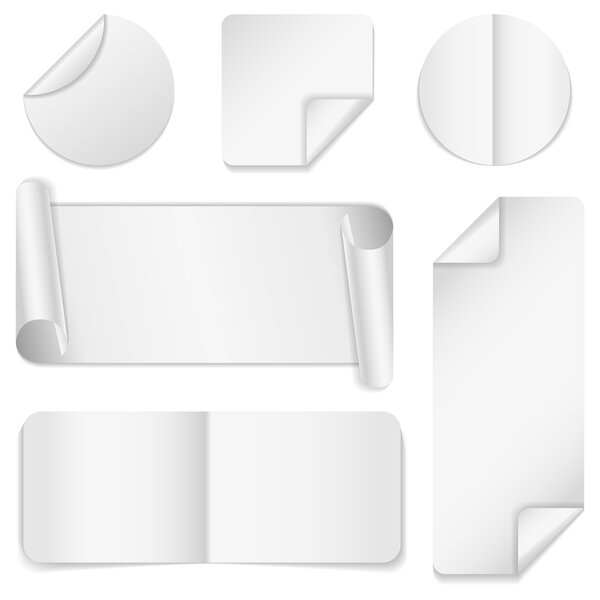 Set of white paper stickers on white background