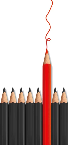 Un crayon rouge se détachant de la rangée de crayons noirs . — Image vectorielle