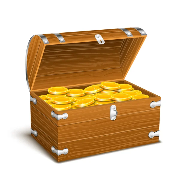 Baú de tronco cheio de moedas de ouro tesouros — Vetor de Stock
