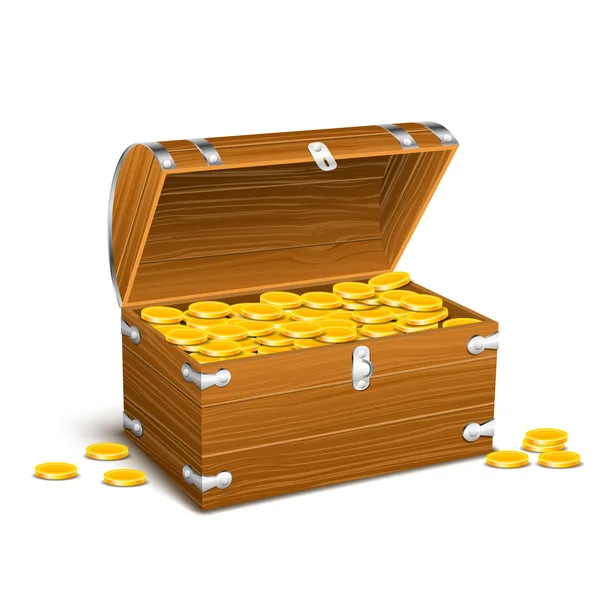 Cofre lleno de monedas de oro tesoros — Vector de stock
