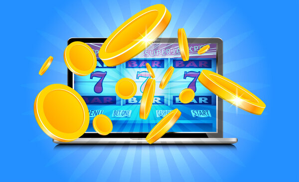 Laptop working as slot machine with gold coins coming out from t