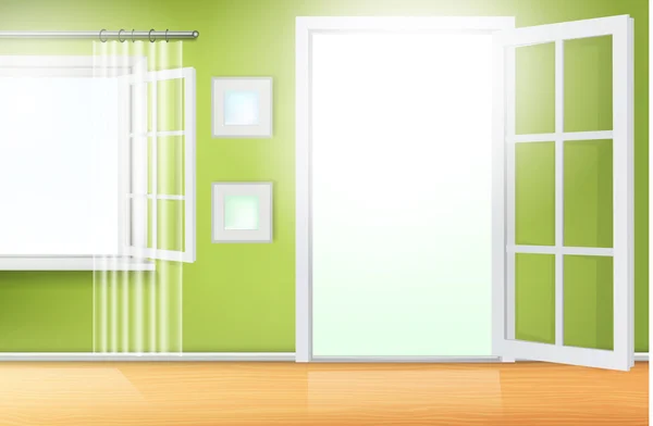 Puerta con cortinas en la ventana — Vector de stock