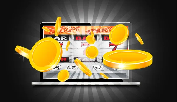 Laptop trabalhando como slot machine com moedas de ouro saindo de t —  Vetores de Stock