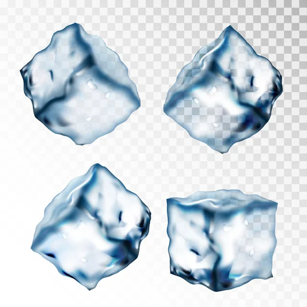 Conjunto de quatro cubos de gelo transparentes em cores azuis claras —  Vetores de Stock