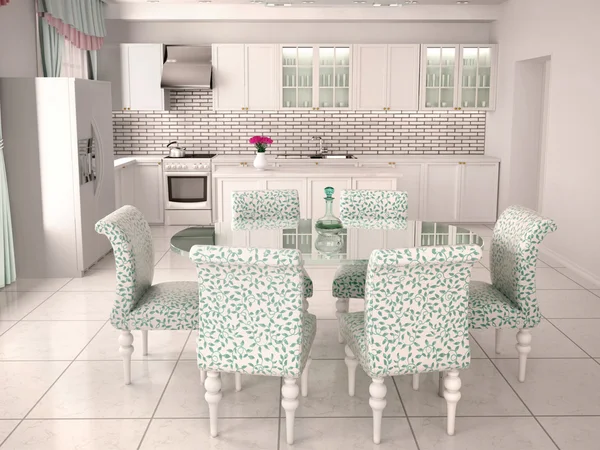 3d illustration of empty clean white kitchen with dining area — Stock Photo, Image