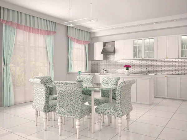 Illustrazione 3d di vuota cucina bianca pulita con zona pranzo — Foto Stock