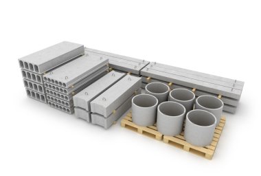 Betonarme öğeleri beyaz arka plan üzerinde. 3D çizim
