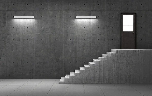 Mörka konkreta rum med trappor som leder till dörren med ljus. B — Stockfoto