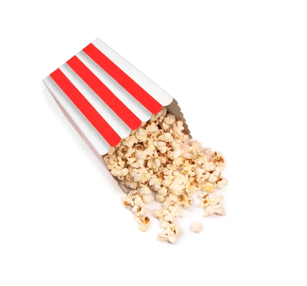 Popcorn in striped bucket on white background — Stock Photo, Image