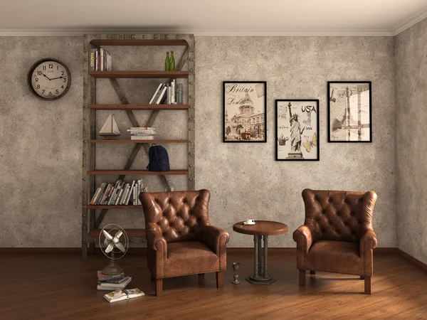 Home library with armchairs. Clean and modern decoration. 3d ill