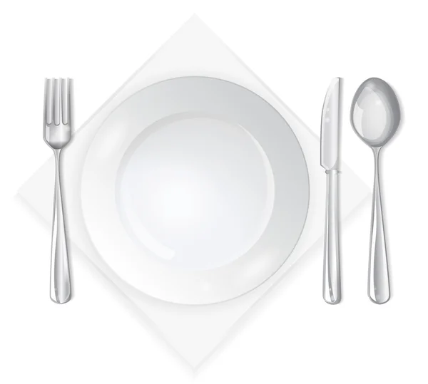 Empty plate with spoon, knife and fork on a white background. — Stock Vector