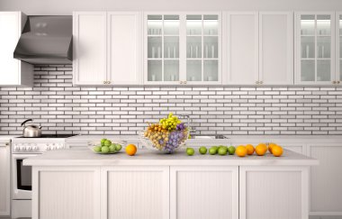 Beyaz mutfak 3D Illustration. Masada meyve yakın çekim.