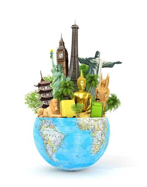 Travel concept. De meest populaire attracties van de wereld met koffer — Stockfoto