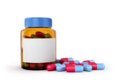 Cam bir kavanoza tıbbi tablet beyaz arka plan izole. 3D 