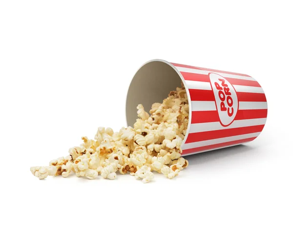 Popcorn in striped bucket on white background — Stock Photo, Image